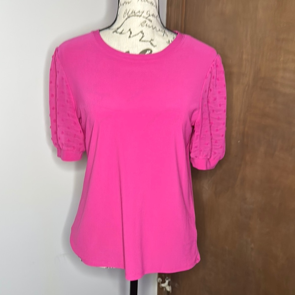 CECE | Pink Puff Sleeve Mixed Media Blouse | XS